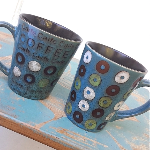 Vintage Mugs Coffee Cups Ceramic Teal Green Set of 2 Donuts Cheerios VTG - Picture 2 of 10